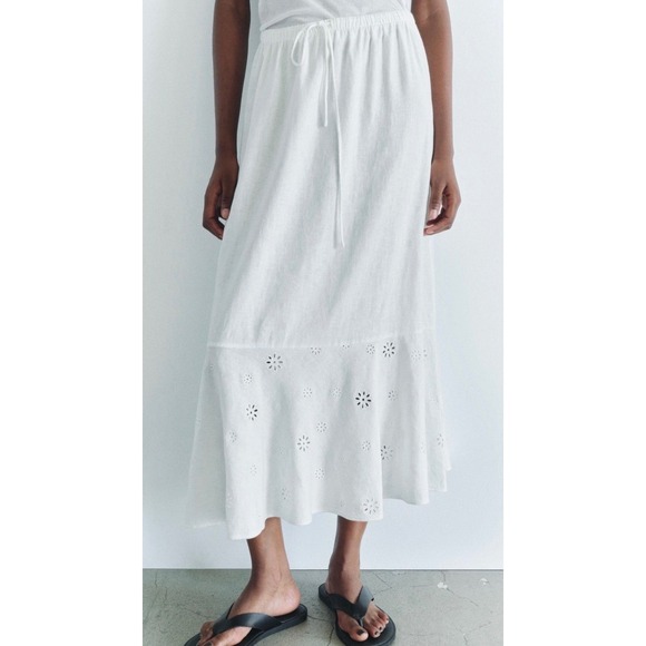Zara Womens Size Large Linen Blend Eyelet Maxi Skirt Off White Boho Flowy - Picture 2 of 11